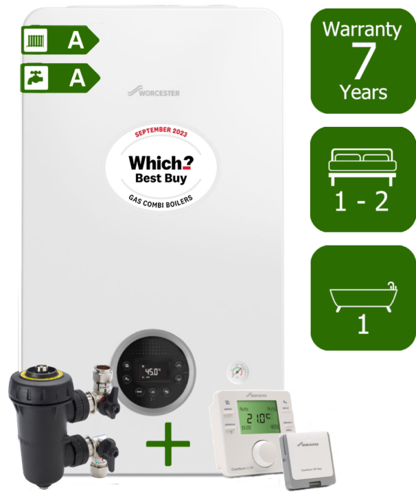 Worcester Bosch Greenstar 2000 25kW Combi Boiler with Worcester Bosch Filter and Worcester Bosch Comfort II Wireless Programmable Room Thermostat