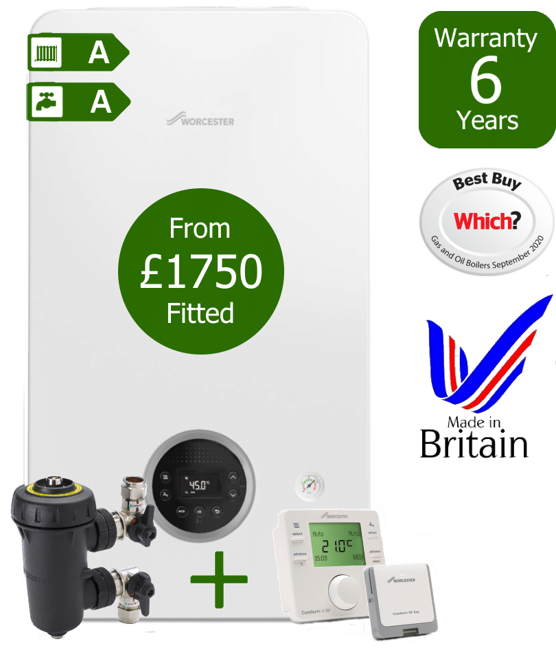 Worcester Bosch Greenstar 2000 Combi Boiler with Worcester Bosch Filter and Worcester Bosch Comfort+ II wireless programmable room thermostat